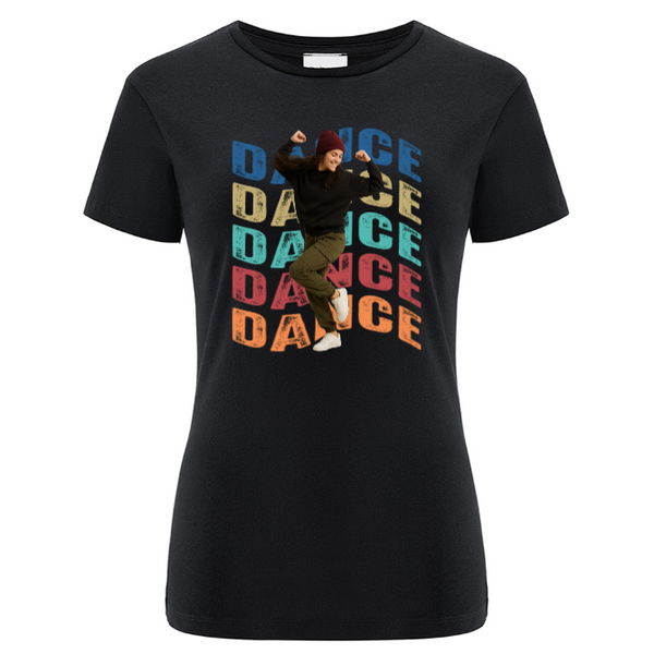 Koszulka personalizowana damska DANCE NAPIS KOLOROWY W TLE Czarna L
