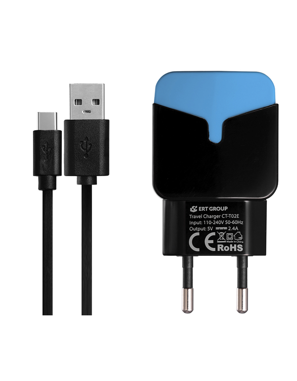 Ładowarka sieciowa 2,4A 2xUSB z kablem USB-C