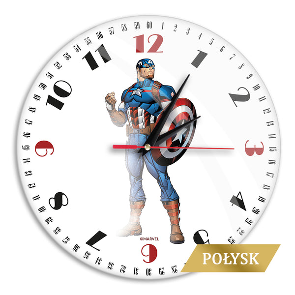 Zegar ścienny z połyskiem Kapitan Ameryka 003 Marvel Biały